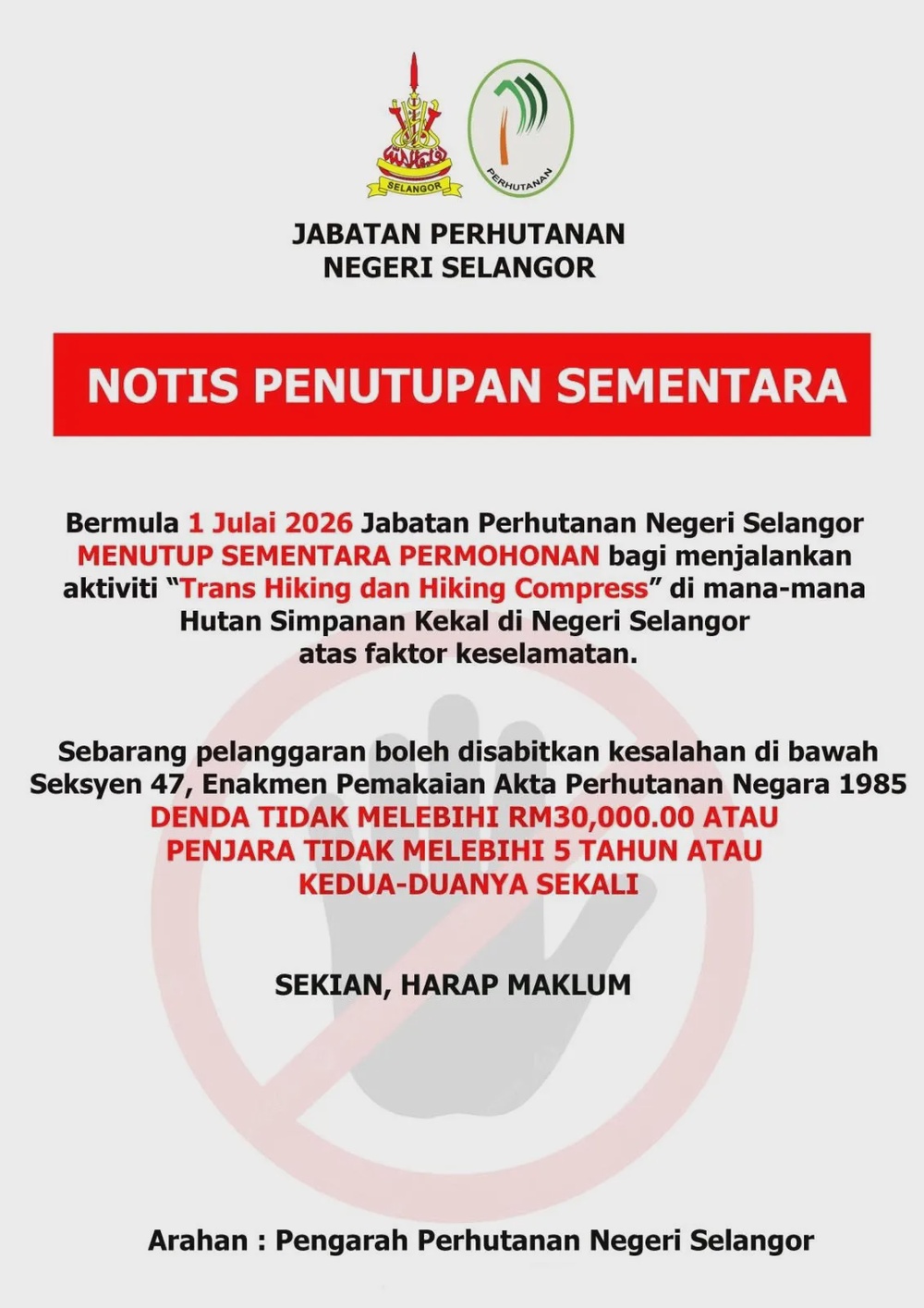 Image from: State suspends traverse, compressed hiking in forest reserves