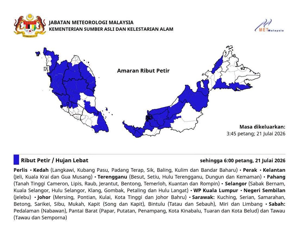Image from: Ribut petir, hujan lebat dijangka landa tujuh daerah Selangor