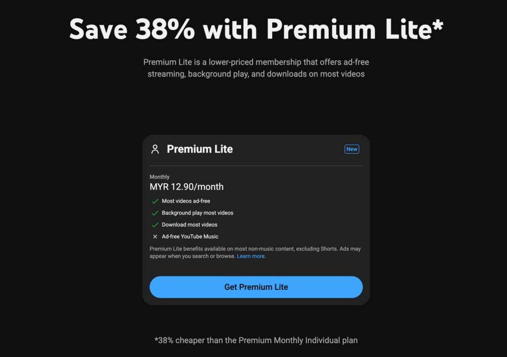 Image from: YouTube Premium Lite: Ad-free experience for most non-music content, RM12.90/month