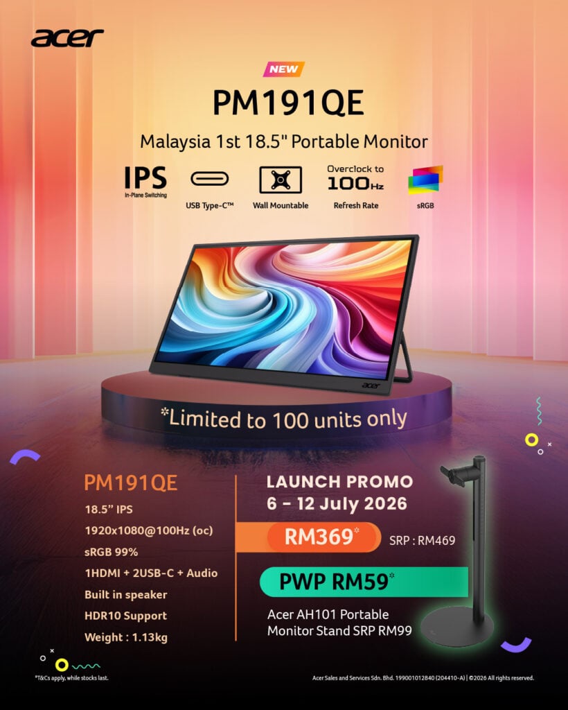 Image from: Acer PM191QE: 18.5″ FHD portable display capable of 100Hz refresh rate, priced at RM469