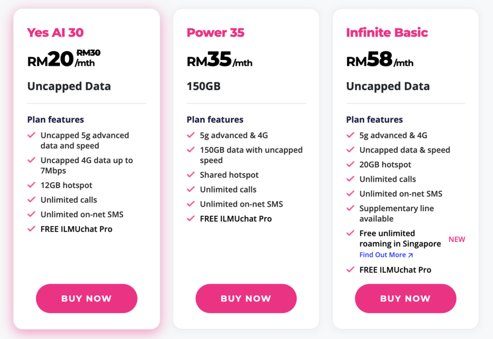 Image from: Yes AI 30 offers uncapped 5G, unlimited calls and ILMUchat Pro for RM30