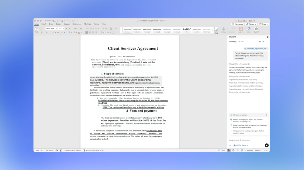 Image from: ChatGPT integration arrives in Microsoft Word, including on the free plan