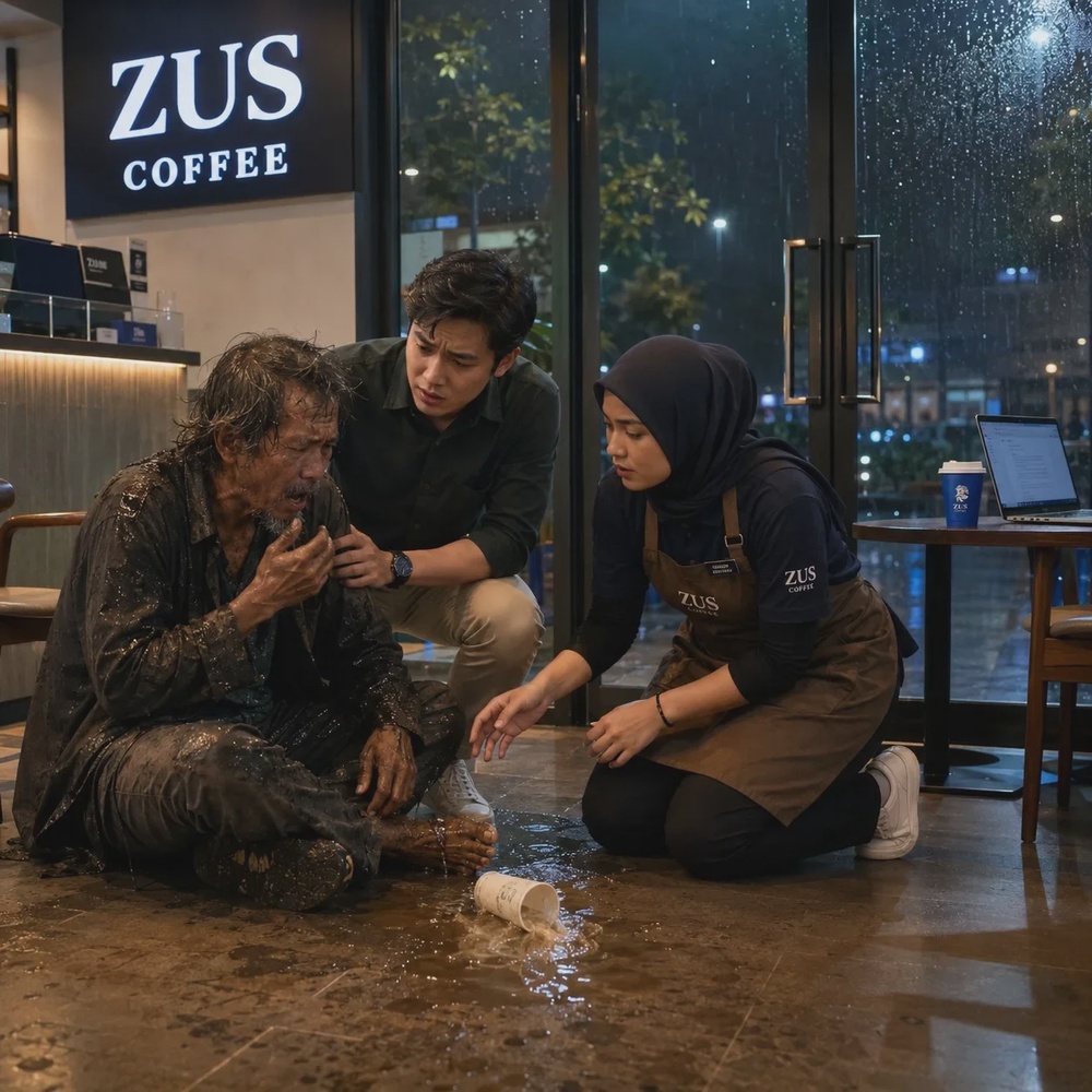 流浪汉雨天冷跟咖啡店员工讨热水喝烫到弄翻水店员顾客上前关心 ND chatgpt