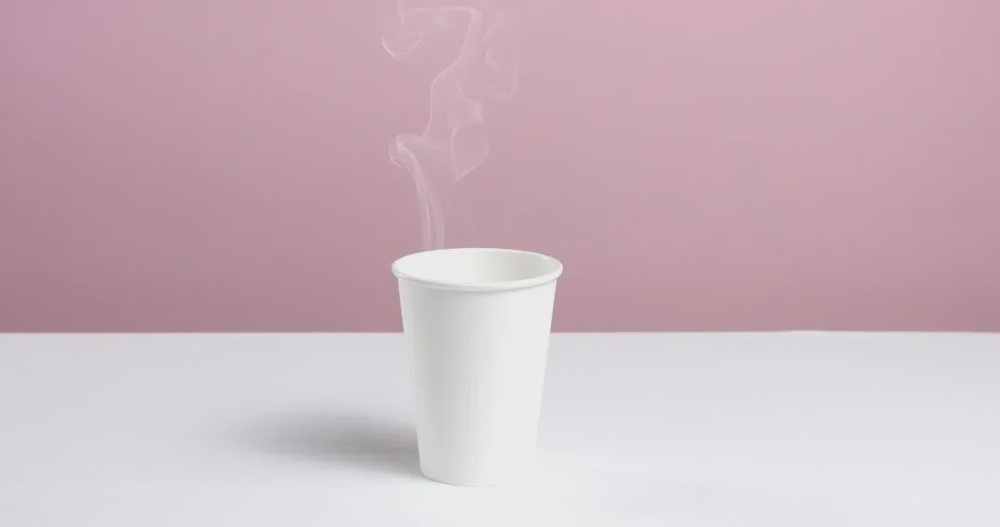hot water coffee poured into plain unlabeled paper cup white table against pink wall steam rising 633478 1144