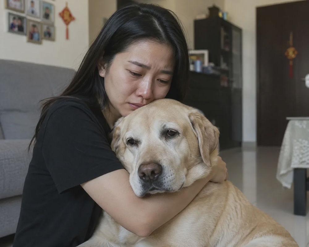woman hugging dog