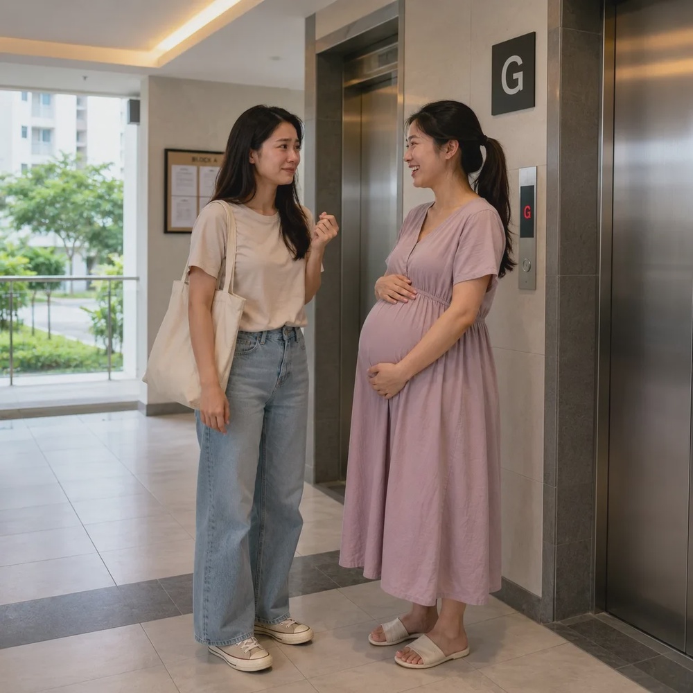 女子孕妇邻居等电梯聊天感动