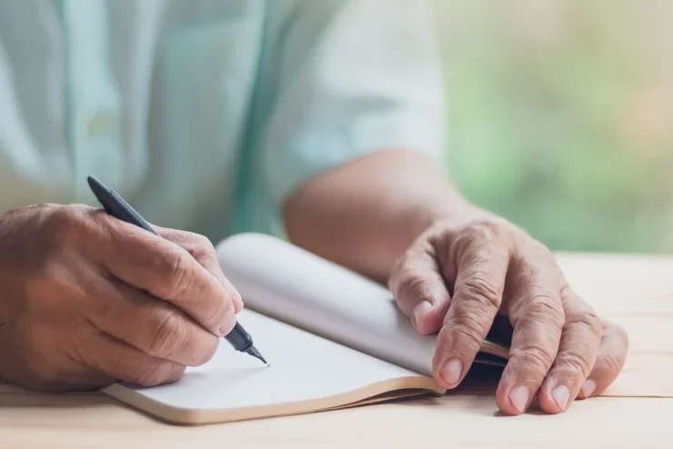 old man write blank notebook page with black ink pen 34939 81