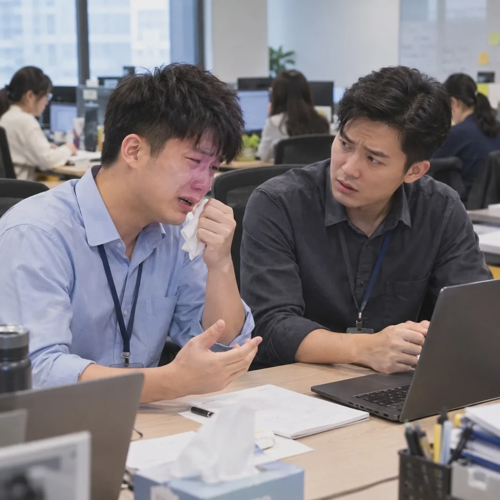 男同事哽咽哭着询问工作事宜打工族