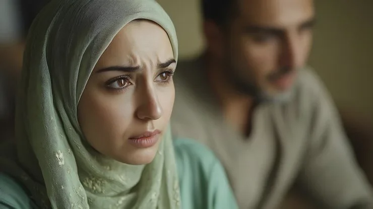 muslim woman with green scarf her head looking man 958124 106932