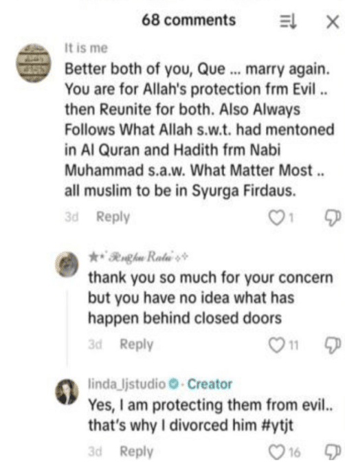 Image from: “Sebab Itu Saya Ceraikan Dia” – Linda Jasmine Beri Bayangan Punca Cerai Que Haidar