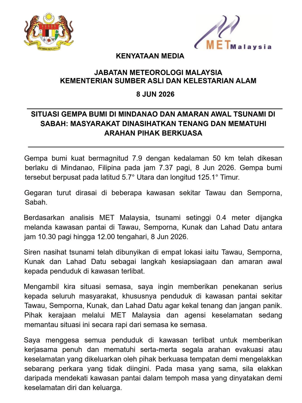 Image from: Tsunami 0.4 Meter Dijangka Landa Pantai Sabah