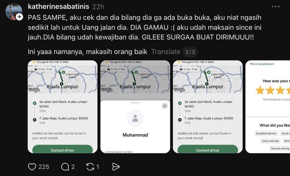Image from: “Tak Sangka Malaysia Macam Ni…” – Wanita Indonesia Kagum, Pemandu E-Hailing Sanggup Pandu Sejam Hantar Wang Tercicir