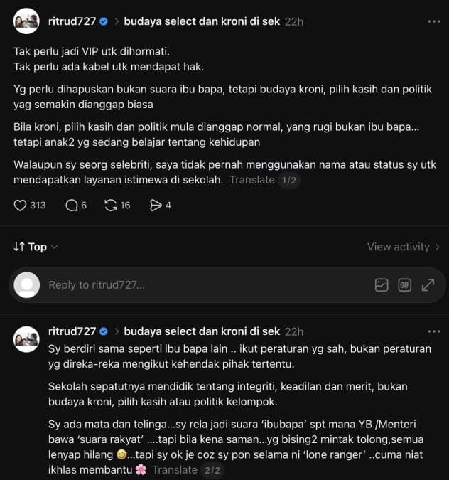 Image from: “Tak Perlu Jadi VIP Untuk Dihormati” – Rita Rudaini Tegur Budaya ‘Select’ Dan Kroni Di Sekolah