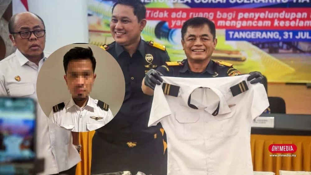 Two uniformed officers display a white shirt with black stripes at a press conference, smiling, with a colorful banner in the background; inset shows a pixelated man in a white shirt with epaulets.