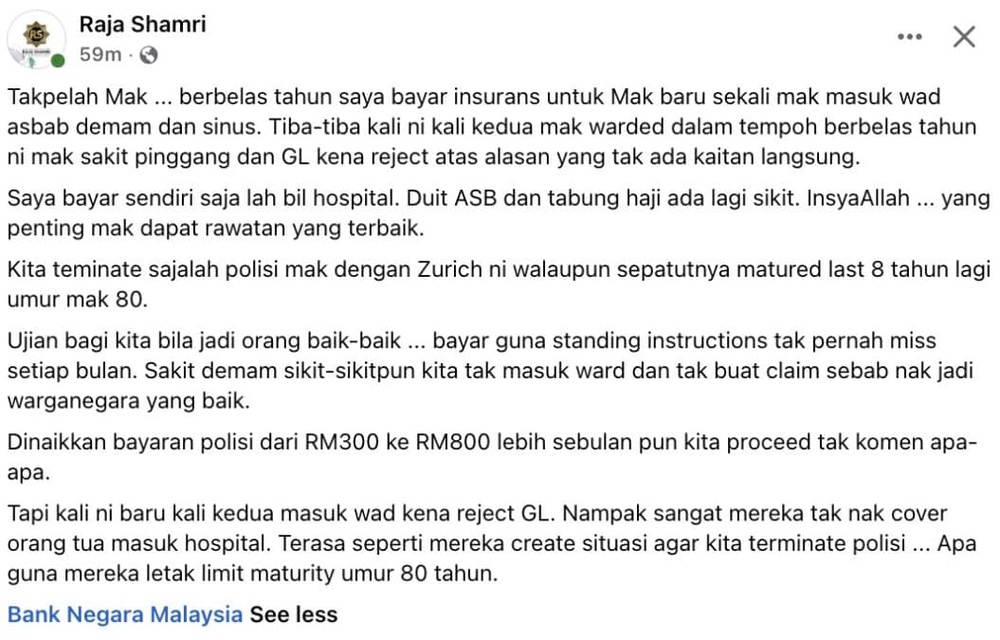 Image from: “Dari RM300 Naik Ke RM800 Sebulan Tetap Bayar” – Lelaki Kecewa GL Insurans Ibu Kena Reject Bila Masuk Wad