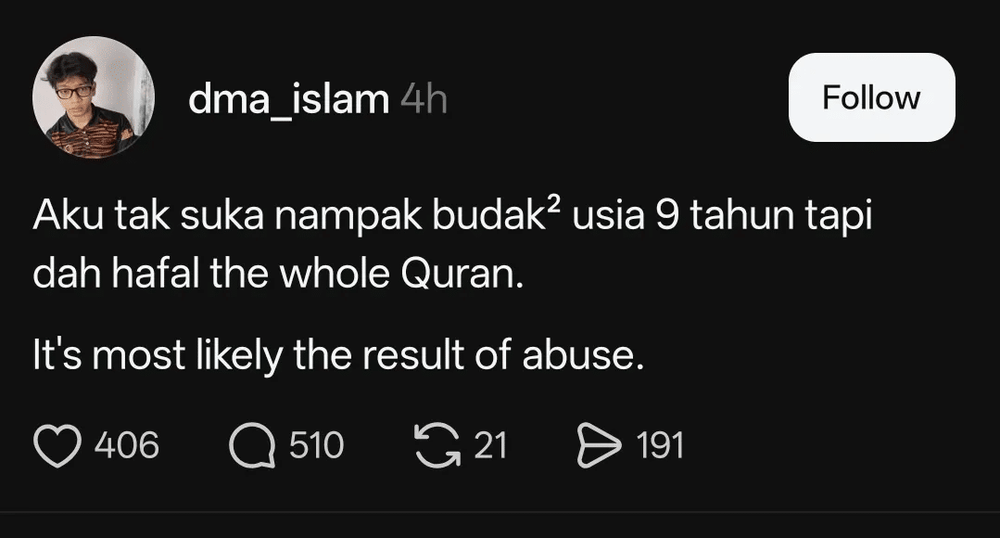 Image from: DMA Islam Persoal Kanak-Kanak Hafal Al-Quran Seawal Umur 9 Tahun Dikecam