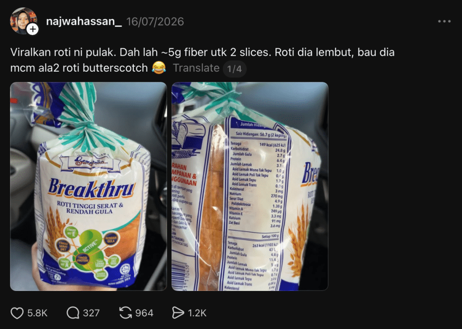 Image from: (VIRAL) Roti Gardenia Baru Jadi Rebutan Kat Pasaran. Tinggi Fibre & Rendah Gula Tapi SEDAP!