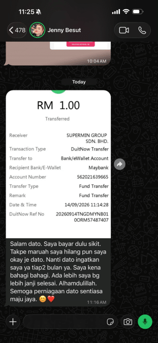 Image from: Jenny Besut Mula Bayar Hutang RM160,000, RM1 Jadi Bayaran Pertama