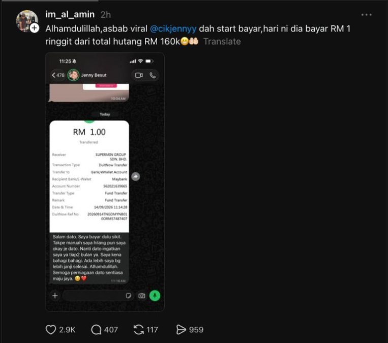 Image from: Jenny Besut Mula Bayar Hutang RM160,000, RM1 Jadi Bayaran Pertama