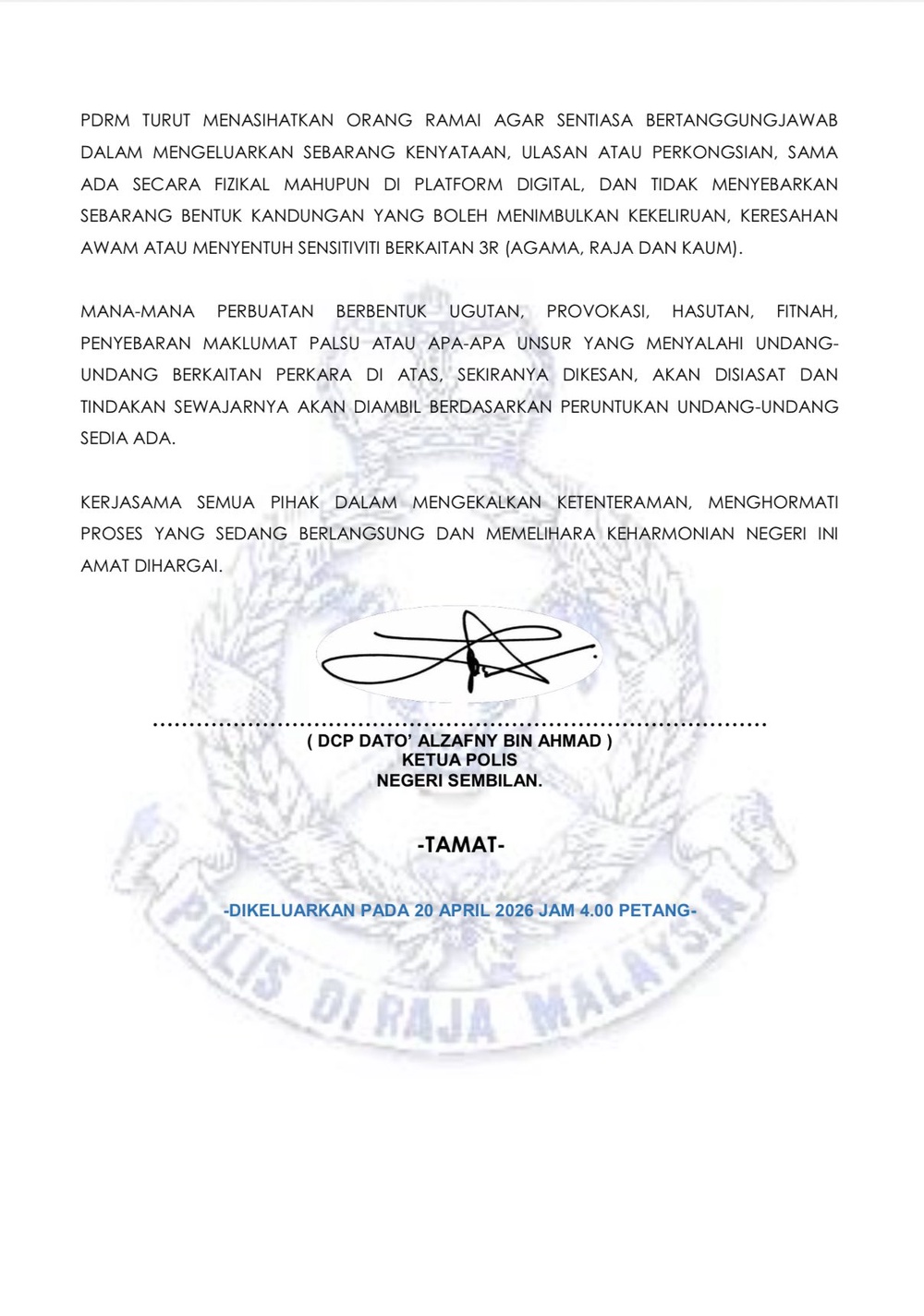 Image from: Hormat urusan agama & adat resam, PDRM tak campur kemelut pemerintahan N. Sembilan