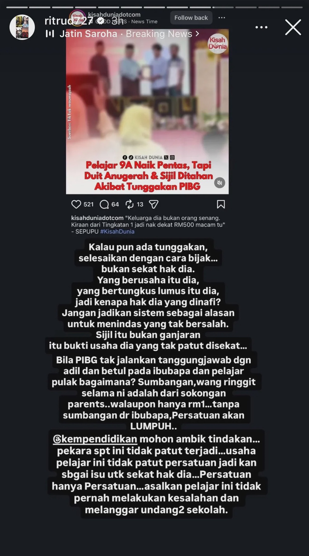 Image from: Sijil tak perlu ditahan kerana tunggakan yuran PIBG , hidup ini kena ada nilai ihsan -Asyraf Wajdi