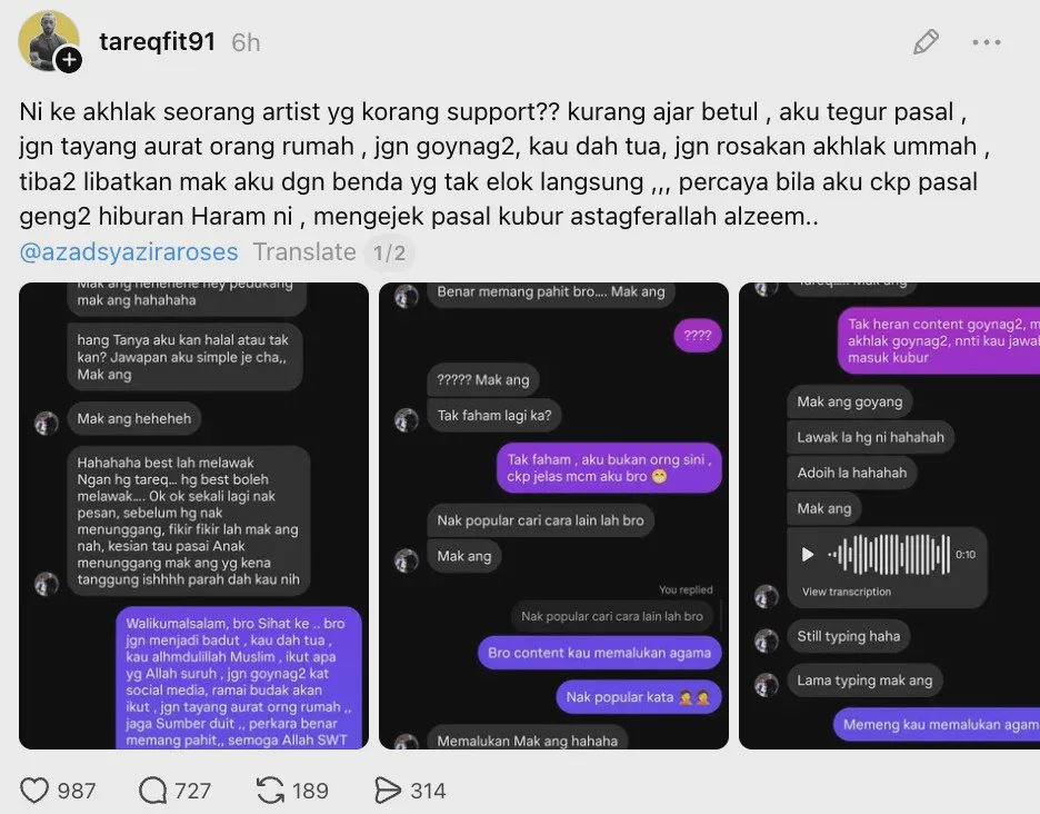 Image from: Dituduh dayus, anak isteri penyebar maksiat! Aeril Zafrel selar Tareq Fit, minta jaga adab