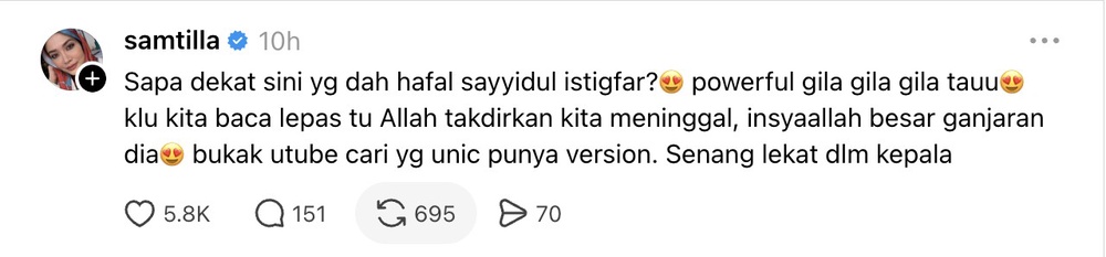 Image from: Syatilla Melvin seru banyakkan doa taubat – “Bayangkan lepas baca Allah takdirkan kita meninggal…”