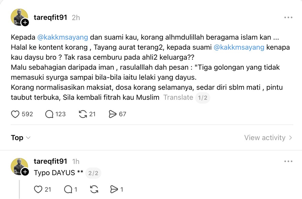 Image from: Tareq Fit persoal agama Kak KM, tegur konten tayang aurat – “Suami kau dayus!”