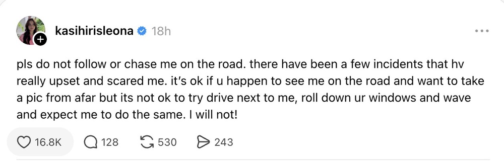 Image from: Leona tegur aksi bahaya kejar di jalan raya, netizen kata: “Kesan buruk bila dedah nombor plat kereta!”