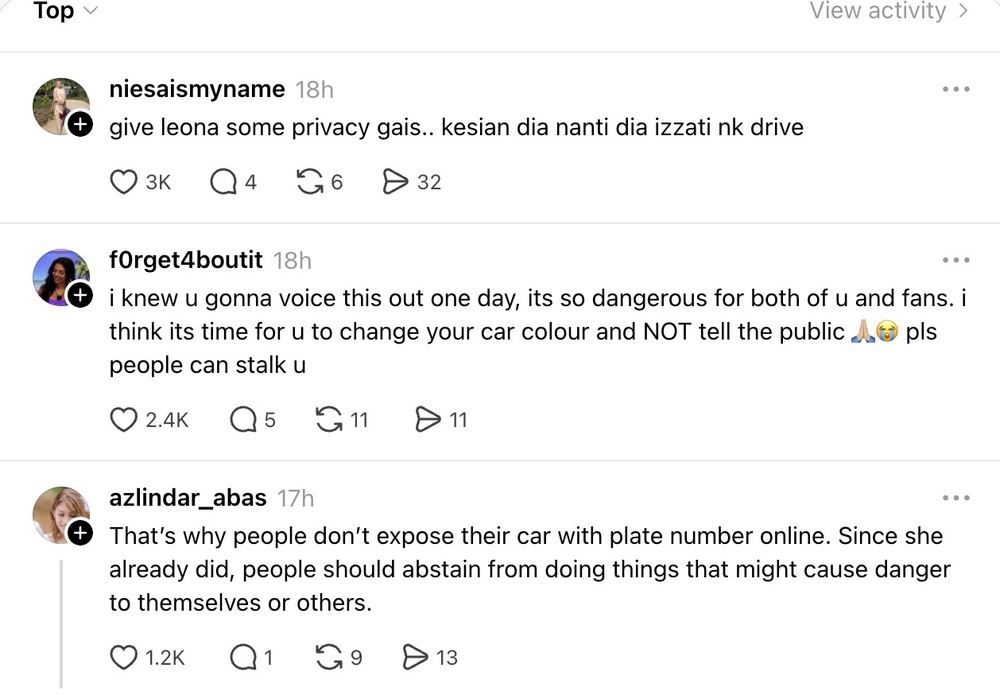 Image from: Leona tegur aksi bahaya kejar di jalan raya, netizen kata: “Kesan buruk bila dedah nombor plat kereta!”