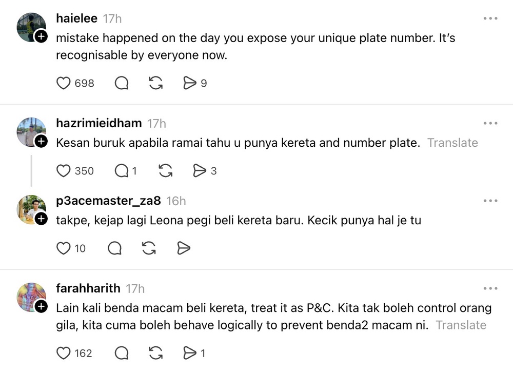 Image from: Leona tegur aksi bahaya kejar di jalan raya, netizen kata: “Kesan buruk bila dedah nombor plat kereta!”