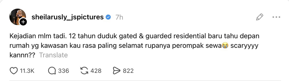 Image from: Sheila Rusly kongsi detik cemas, berjiran dengan perompak – “Kawasan kau rasa paling selamat rupanya…”