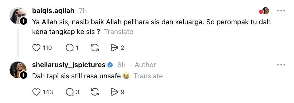 Image from: Sheila Rusly kongsi detik cemas, berjiran dengan perompak – “Kawasan kau rasa paling selamat rupanya…”