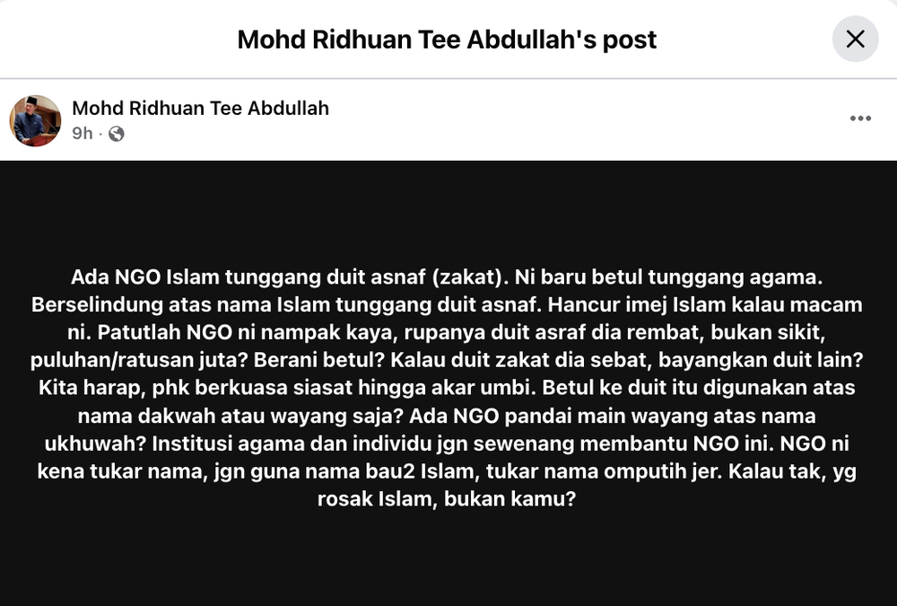 Image from: “Hancur imej Islam kalau macam ni!”- Ridhuan Tee persoal NGO sakau dana asnaf
