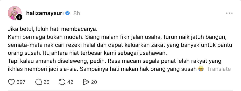 Image from: Haliza Maysuri kecewa dakwaan isu penyelewengan zakat – “Penat lelah rakyat memberi jadi sia-sia”