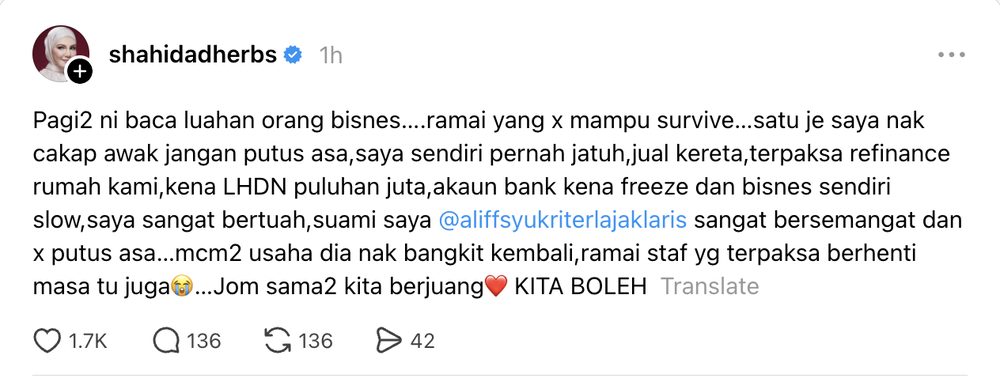 Image from: Shahida kongsi cabaran berniaga, seru usahawan jangan putus asa – “Saya bertuah suami sangat bersemangat”