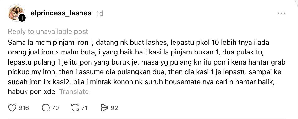 Image from: “Pinjam dua, dia kasi satu je”- Individu dakwa Sarah Yasmine tak pulangkan seterika?