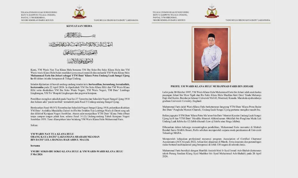 Image from: Berusia 29 tahun, akauntan Muhammad Faris Johari dilantik Undang Luak Sungei Ujong baharu