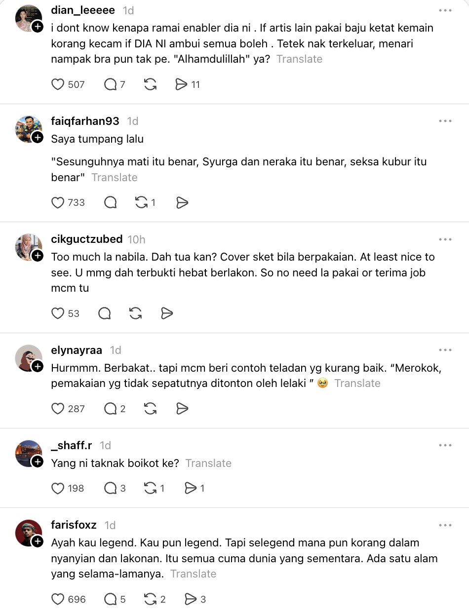 Image from: Netizen akui bakat lakonan Nabila Huda, mohon jaga aurat -“Dah tua kan? Cover sikit pakaian”