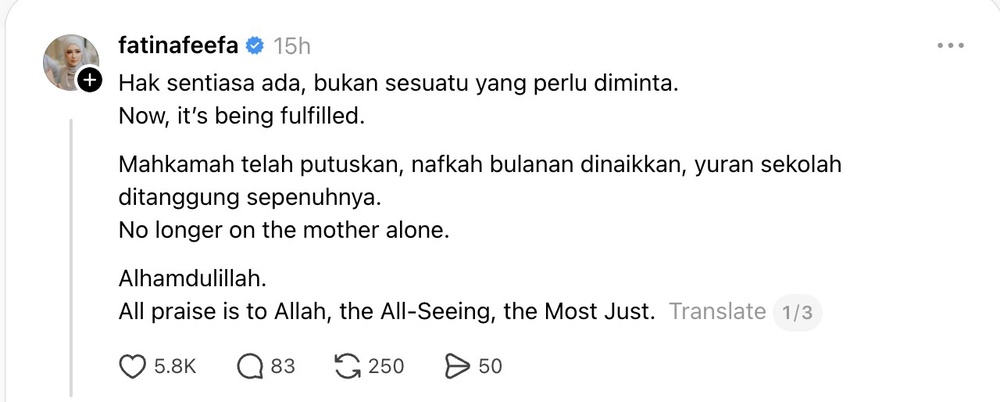 Image from: Fatin Afeefa lega nafkah anak dinaikkan – “Tak lagi bergantung pada ibu sahaja”