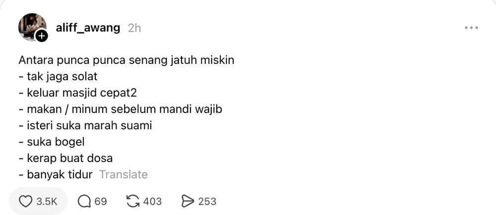 Image from: Opai kongsi punca senang jatuh miskin – “Tak jaga solat, banyak tidur”