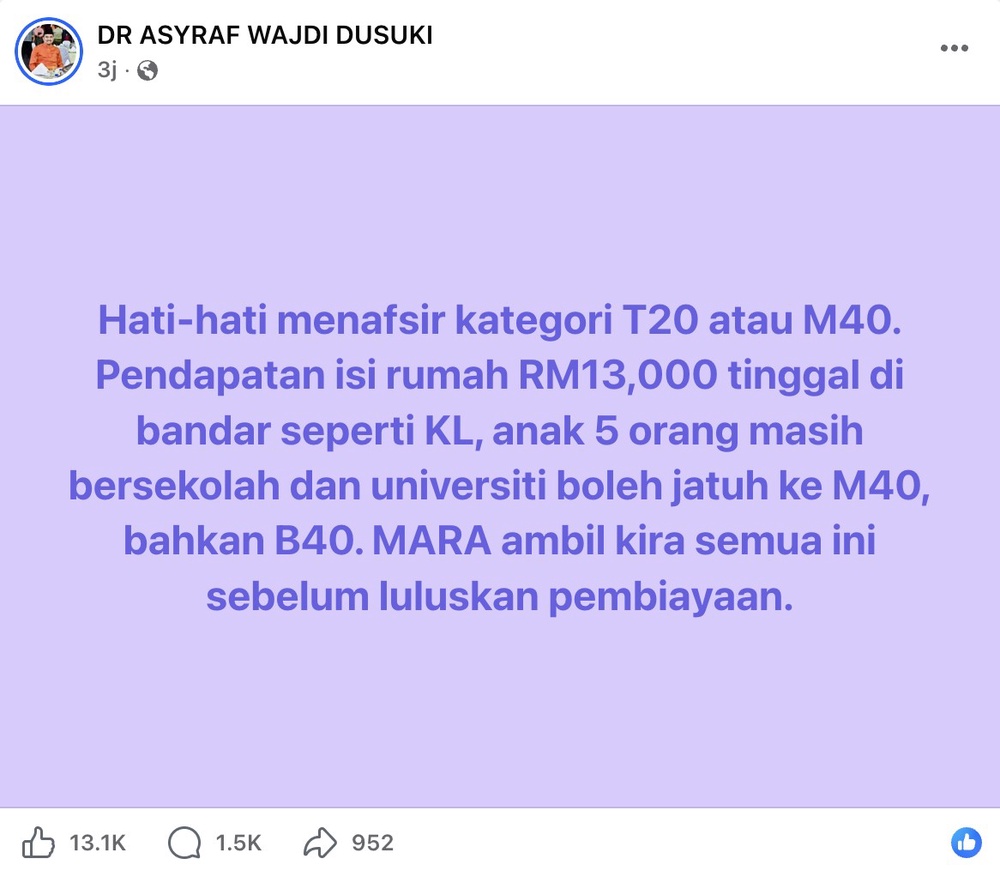 Image from: Gaji RM13K boleh jadi B40 di bandar besar, hati-hati tafsir kategori T20 – Asyraf Wajdi