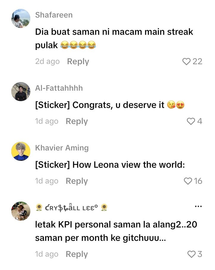 Image from: Netizen tegur Leona, bangga tayang lima saman dalam sebulan – “Jangan sebab kaya, boleh langgar peraturan!”