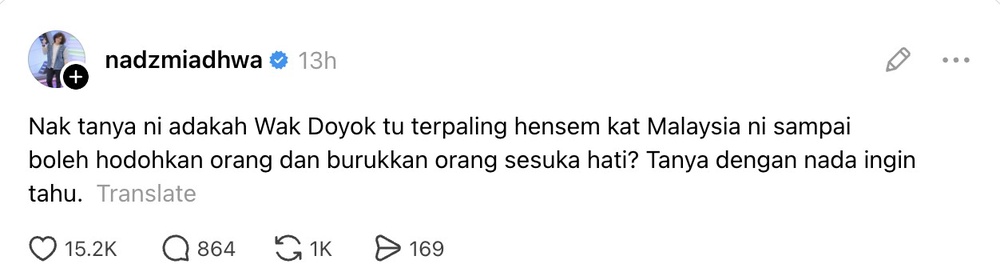 Image from: Nadzmi Adhwa persoal adab Wak Doyok – “Kenapa sampai boleh hodohkan orang sesuka hati?”