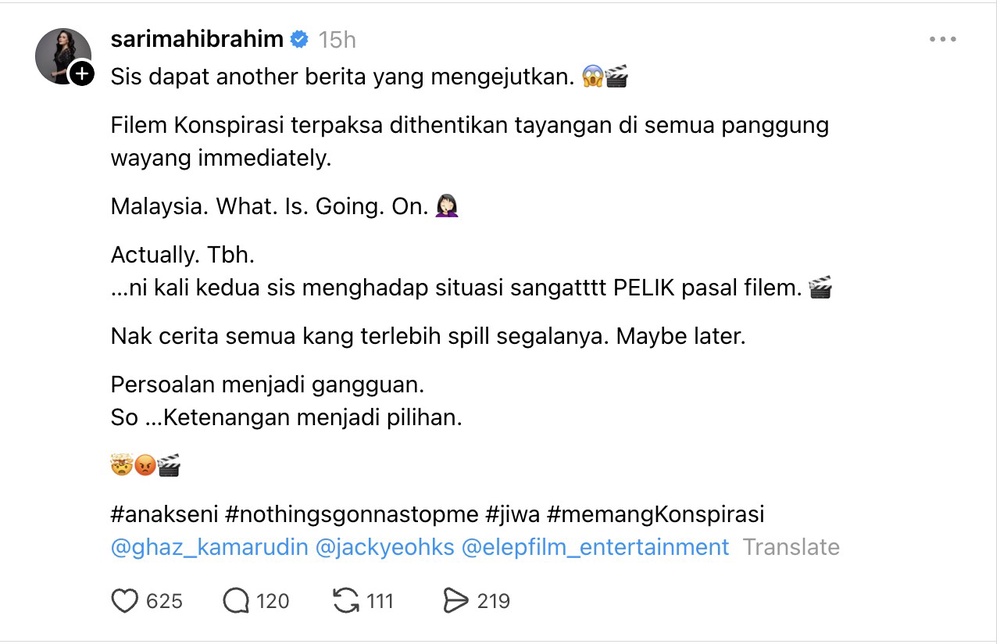Image from: Sarimah Ibrahim dakwa filem Konspirasi henti ditayangkan – “Apa sudah berlaku?”