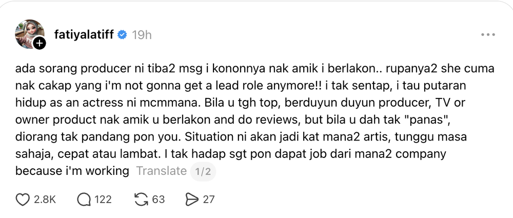Image from: Terima mesej penerbit, Fathia Latiff akur tiada lagi peluang pegang watak utama