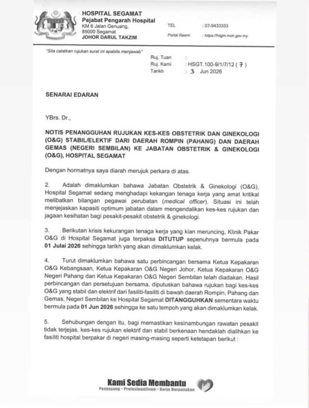 Image from: KKM beri jaminan! Tiada fasiliti kesihatan ditutup termasuk Hospital Segamat -Dzulkefly