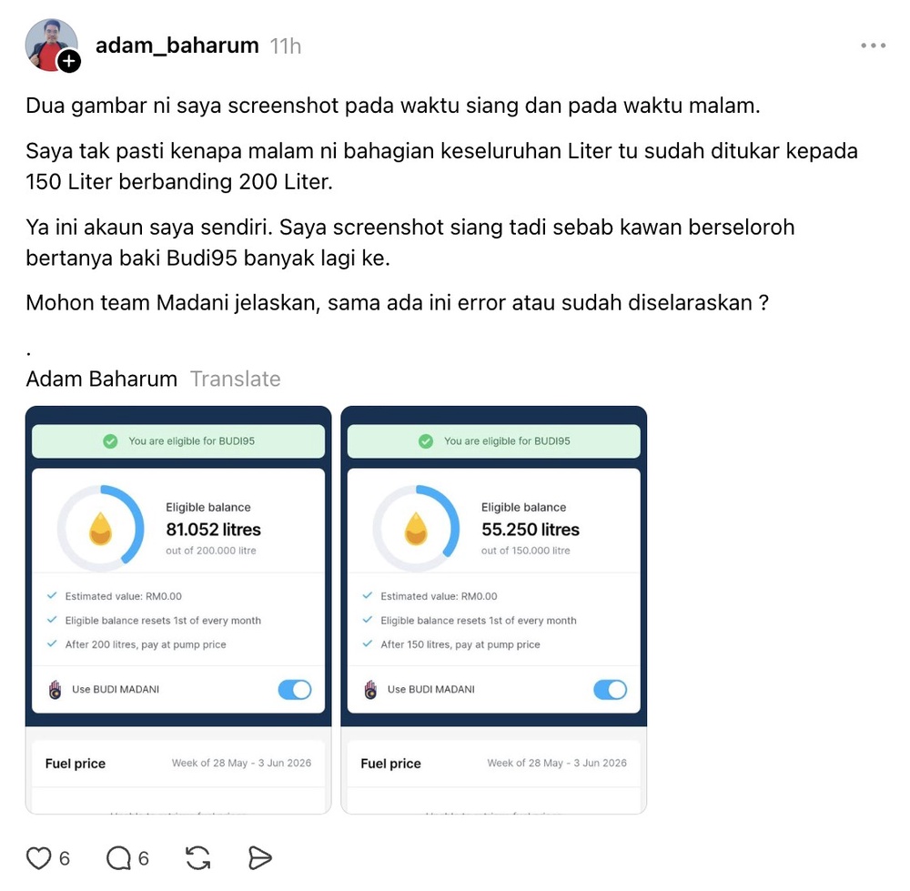 Image from: BUDI95: Paparan 150 liter ralat teknikal, kuota kekal 200 liter sebulan