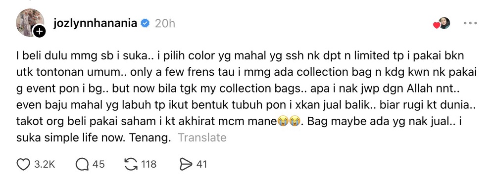 Image from: Biar rugi di dunia! Ozlynn Wati tak mahu jual baju lama ikut bentuk tubuh