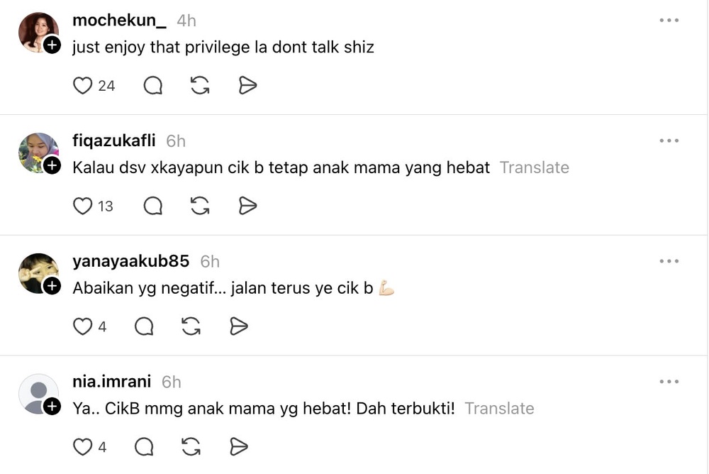 Image from: Dikata untung lahir dalam keluarga berduit, Cik B sekolahkan netizen – “Kenapa, nak tukar mak ke?”